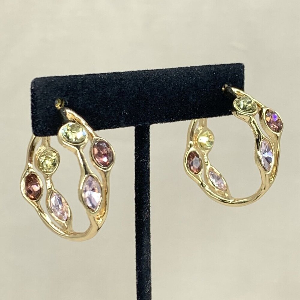 R J RJ Graziano Hoop Earrings Crystal Inside Out Glow On Gold Tone Warm Color - Picture 3 of 8